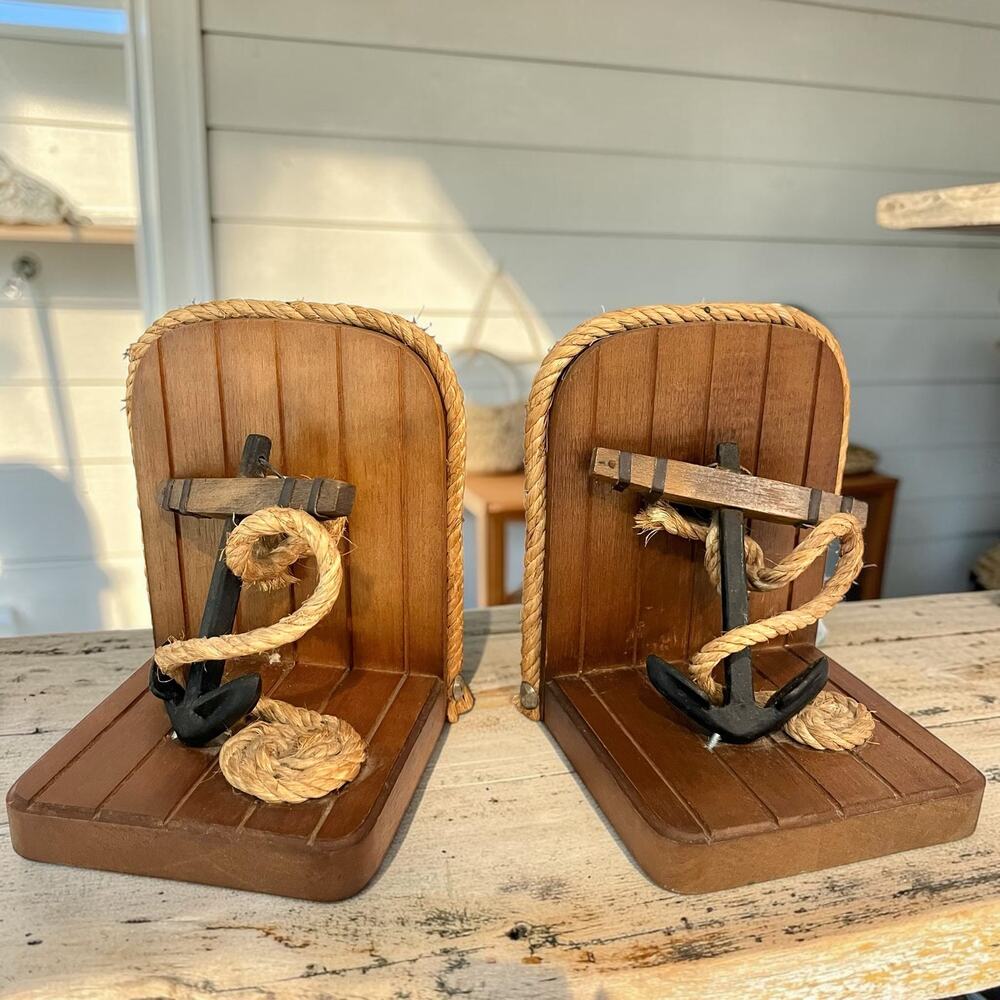 Vintage Nautical Wood Anchor Rope Bookends Pair Made in Taiwan Coastal Decor